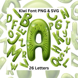Fuente Kiwi SVG PNG, letras Kiwi 3D, alfabeto de frutas, letras prediseñadas de alimentos, descarga instantánea, fuente de frutas, fuente fresca de kiwi verde