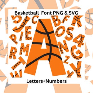 Letras y números de baloncesto SVG PNG, letras de pelota, alfabeto deportivo, números de baloncesto, letras prediseñadas de deportes, clipart de baloncesto