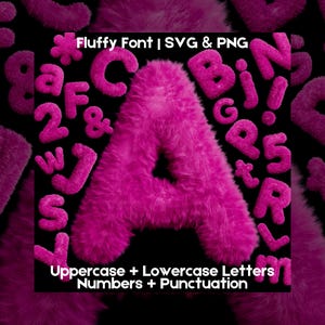 Bontletters, cijfers en interpunctie SVG PNG, roze pluizige letters, harig alfabet, lettertype namaakbont, gezellige letters, fuchsia alfabet clipart