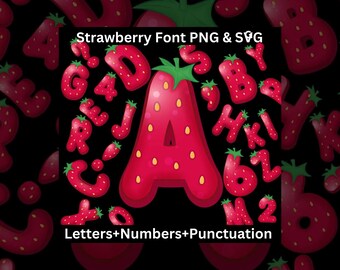 May include: Strawberry font alphabet letters, numbers, and punctuation marks. The letters are red and shaped like strawberries.