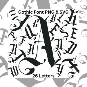 Letras góticas para tatuajes SVG PNG, fuente medieval manuscrita, diseño de fantasía de terror, alfabeto vintage retro oscuro, letras de terror, fuente para tatuajes