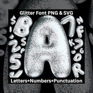 Glitterletters, cijfers en interpunctie SVG PNG, 3D-zilveren sprankelende glitter lettertype kerstalfabet, Instant Download, Chunky Shiny alfabet