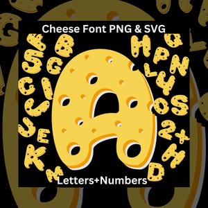 Letras y números de queso SVG PNG, fuente de queso amarillo, alfabeto de queso, descarga instantánea, letras de parmegano, letras de imágenes prediseñadas de Canva