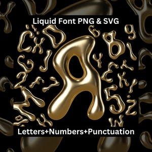 Lettres dorées, chiffres et ponctuation PNG SVG, alphabet métallique, fonte des lettres, alphabet holographique ondulé, police en métal, police liquide 3D