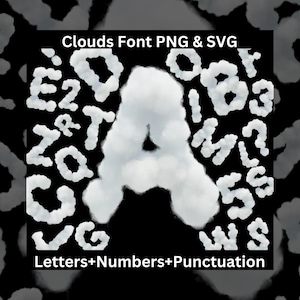 Letras, números y signos de puntuación en forma de nube SVG PNG, fuente de nube 3D, números en forma de nube, alfabeto nublado, letras prediseñadas de cielo, descarga instantánea, fuente Air