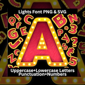 Marquee Letters, cijfers en interpunctie SVG PNG, neon Marquee Letters, Instant Download, gele lichte letters, 3D-lettertype rood feesttent