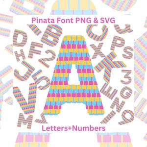 Letras y números de piñata SVG PNG, fuente de piñata colorida, alfabeto de cumpleaños, celebraciones de Navidad y Cinco de Mayo