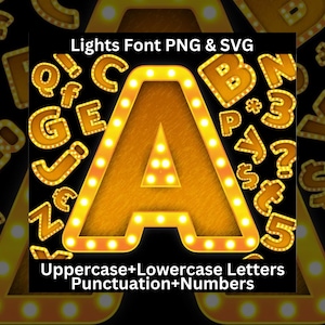 Selectievakje Letters, cijfers en interpunctie SVG PNG, neonlichtletterletters, lichtenalfabet, instant download, 3D gouden lichtkrant lichte letters