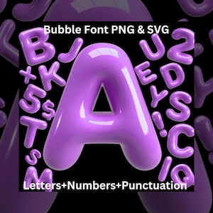 Bubble paarse letters en cijfers, interpunctie SVG PNG, 3D sprankelend alfabet, ballonletters, Rose Bubbly alfabet, grof lettertype