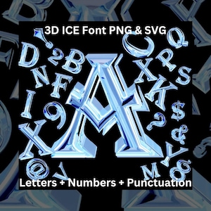 Letras, números y signos de puntuación de hielo SVG PNG, fuente navideña, alfabeto de vacaciones de invierno, letras prediseñadas, fuente congelada 3D, letras de nieve