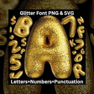 Letras, números y signos de puntuación con purpurina SVG PNG, fuente con purpurina dorada, alfabeto navideño, fuente con purpurina burbujeante, alfabeto brillante, fuente resplandeciente