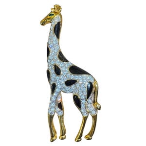 Gold Tone Giraffe Brooch Pavé Rhinestone Black Enamel Spots Green Eye Figural