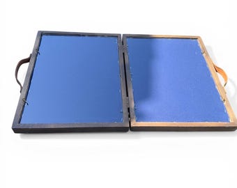 Vtg Wood Folding Portable Document Display Case Glass Panels  Leather Handles