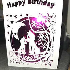 Cartão de Feliz Aniversário Gato, Estrelas e Lua