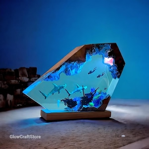 Hammerhead Shark & Diver Resin Wood Light | Epoxy Table Lamp | Personalized Gift for Him | Unique Antique Decor | Custom Ocean Art Lamp