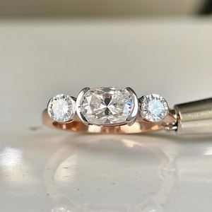 Dainty Three Stone Cushion Moissanite Ring, Bezel Set OMC Wedding Ring, Unique Rose Gold Old Mine Cut Cushion Engagement, Ring Gift For Her