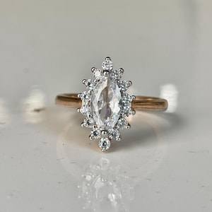 Marquise Cut Moissanite Engagement Ring, Rose Gold Marquise Halo Ring, Dainty Marquise Wedding Ring, Cluster Moissanite Ring, Promise Ring