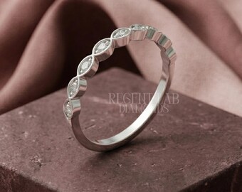 Round Lab Diamond Marquise Shape Bezel Wedding Band, Dainty Eternity Stackable Ring for Women, Moissanite Promise Ring in 10k White Gold