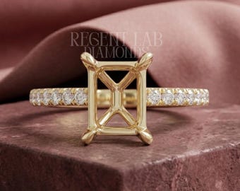 Hidden Halo Semi Mount Pave Ring - Dainty Solid Gold Blank Setting for Emerald Cut Stone - Custom DIY Bridal Mount - Travel Safe Option
