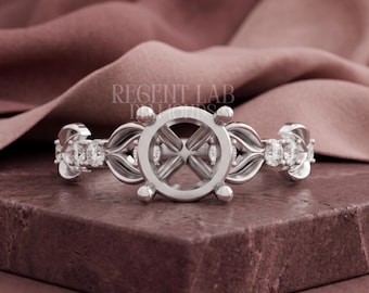 Round Semi Mount 4-Prong Setting With an Intricate, Open-Work Filigree & Diamond-Accented Leaf/Vine Shank Design 14K Gold Semi Mount Setting
