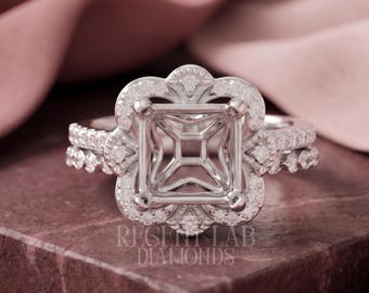 Custom Flower Halo Semi Mount for Princess Cut, Hidden Accents Pave Band Empty Ring Setting, Personalized Engagement Ring Blank for Diamond
