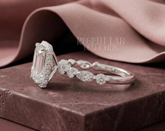 Emerald Lab Grown Diamond Hidden Halo Wedding Ring with Marquise Band, 14k Solid Gold Custom Personalized Anniversary Gift Promise Ring