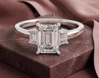 Custom Emerald Cut Three Stone Engagement Ring, Personalized Lab Diamond Moissanite Wedding Ring, Solid 14k White Gold Promise Ring Women