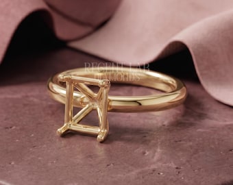 Emerald Cut Ring Setting for Loose Stone 14k Gold Semi Mount Engagement Ring with Sturdy Four-Claw Prong 2.40mm Band for DIY Bride Jewelry