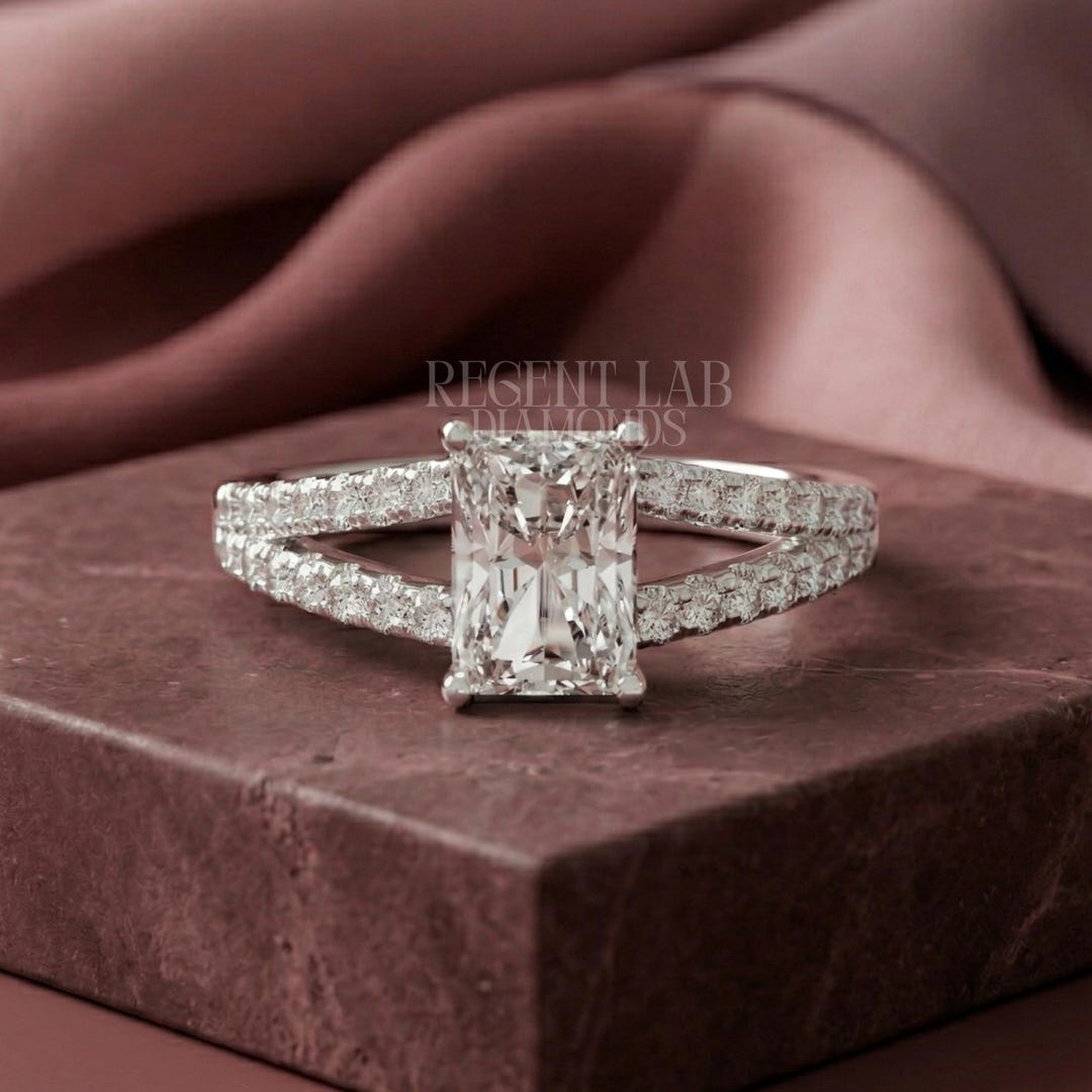 Radiant Cut or Emerald Cut Lab Grown Diamond Ring Split Shank Pave Band ...