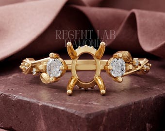 Oval Semi Mount 3 Stone Hidden Halo Setting for Diamond, Nature Inspire Blank 10k Gold Vintage Leaf Setting Replacement Engagement Ring