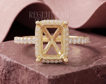 Custom Semi Mount Ring Setting for Emerald Cut Hidden Halo 10k Solid Yellow Gold Pave Band Wholesale DIY Jewelry Blank Component Her