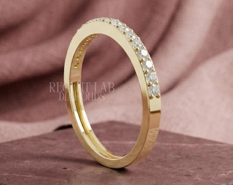 Thin 2mm Half Eternity Band, Round Cut Lab Grown Diamond Wedding Ring, 10k Yellow Gold Shared Prong Stacking Ring, Minimalist Bridal Band