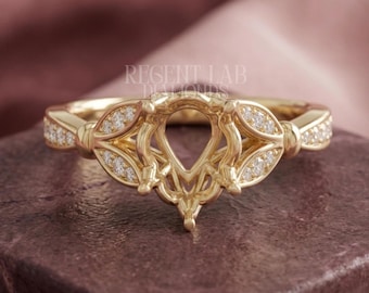 Pear Semi Mount Ring Hidden Halo Petal Split Shank Mounting Art Deco Engagement Ring Setting Without Center Stone 10K/14K Gold Wedding Band