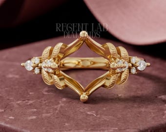 Custom 1ct 2ct Round Semi Mount Gold Setting Nature Inspired Ring Setting Only Marquise Diamond Accent Leaf Semi-Mount Ring Bridal Mountings