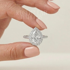 2ct Pear Cut Lab Grown Diamond Halo Ring Beaded Milgrain Band 14k White Gold Band Teardrop Bridal Set Custom Promise Proposal Jewelry