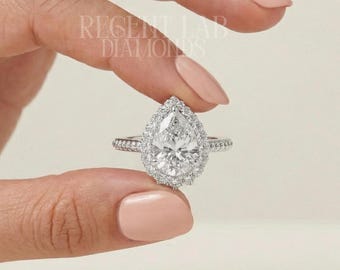 2ct Pear Cut Lab Grown Diamond Halo Ring Beaded Milgrain Band 14k White Gold Band Teardrop Bridal Set Custom Promise Proposal Jewelry