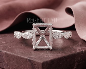 Custom Radiant/Emerald Semi Mount Hidden Halo Ring Setting Marquise Band Ring Empty Mount Custom Diamond Engagement Ring 10k 14k Platinum