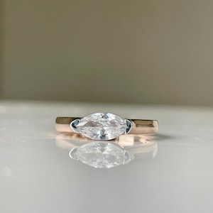 Marquise Solitaire Ring, Horizontal Stone Engagement Ring, Unique Bezel Set Ring, East West Marquise Moissanite Ring, Modern Bridal Gift