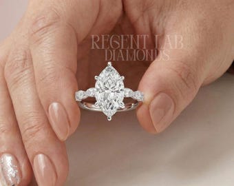 Marquise Lab Diamond Ring Hidden Halo 10k Solid Gold Bridal Jewelry with Marquise Side Stones Personalized Anniversary Gift