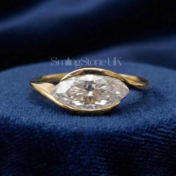 East West Marquise Lab Grown Diamond Ring Bezel Set 14K Yellow Gold Engagement Ring Horizontal Diamond Promise Gift for Her