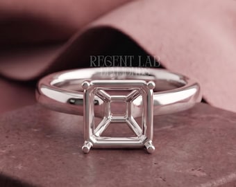 Asscher Cut Semi Mount Solitaire Ring Setting 10k 14k Gold Platinum Empty Ring Setting For Gemstone Custom Engagement Ring Mount For Women