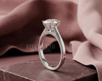 Oval Cut Hidden Halo Lab Grown Diamond Solitaire, 10k White Gold Thin Band Minimalist Wedding Ring, Custom Handmade Anniversary Jewelry.