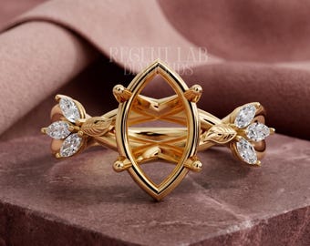 Leaf Filigree Ring Blank Setting 925 Sterling Silver Gold Semi-Mount for 1.5ct 2ct Marquise Cut Stone DIY Vintage Engagement Mounting
