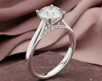 2ct Round Brilliant Solitaire Hidden Halo Promise Ring 10k Solid Gold Cathedral Setting Sustainable Lab Diamond Bridal Minimalist Jewelry
