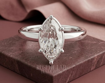 Marquise Cut Solitaire Ring, Thin Band 10k Solid Gold Bridal Jewelry, Elongated Diamond Promise Ring, Sustainable Lab Created Diamond Band