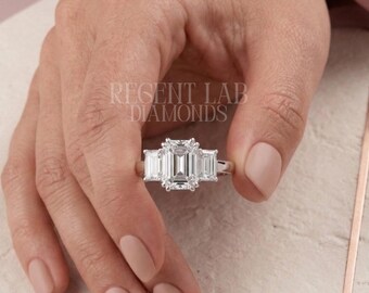 3 Stone Emerald Cut Lab Diamond Ring Platinum Art Deco Bridal Set 925 Sterling Silver Promise Ring Handmade Personalized Jewelry For Her