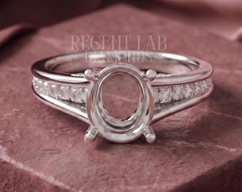 Elongated Oval Semi-Mount Ring Setting 10k White Gold Hidden Halo Cathedral Pave Band, Vintage Style Custom Anniversary Gift Her Empty Frame