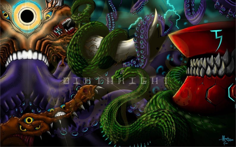 May include: A digital illustration of a colorful, abstract, and surreal scene featuring a green snake, a purple octopus, and a red robot with sharp teeth. The scene is filled with swirling patterns and textures.
