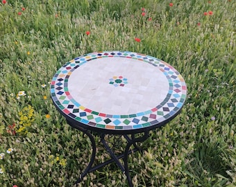 Tavolino marocchino Zellige fatto a mano, tavolino rotondo con piastrelle a mosaico, per esterni, giardino, patio, autentico arredamento artistico marocchino, tavolo da bistrot