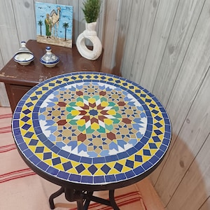 Handmade Moroccan Zellige Side Table 40cm – Blue Mosaic Tile Accent Table – Ready to Ship – Authentic Round Patio Coffee Table